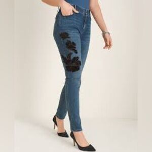 Chico’s Women Stretch Skinny Jeans 2R with Black Velvet Flowers Detail